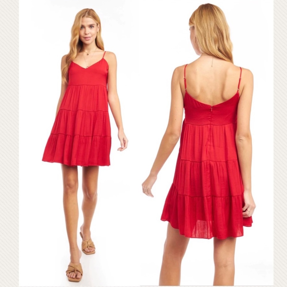 RED CRIMSON STRAPPY MIDI FLARE TIERED DRESS